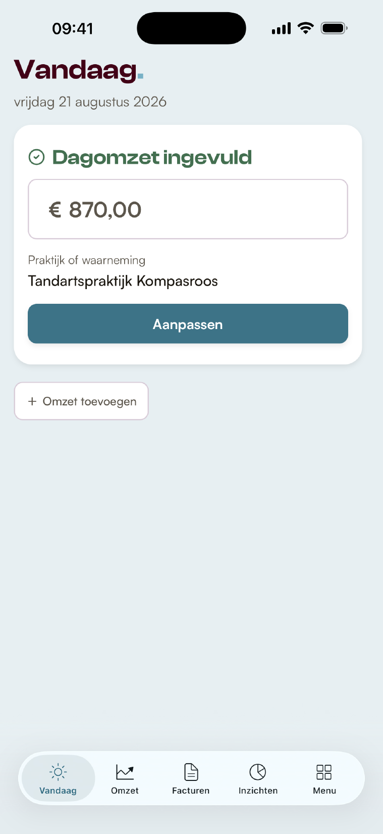 Het Vandaag-scherm van DentalFact met de dagomzet ingevuld