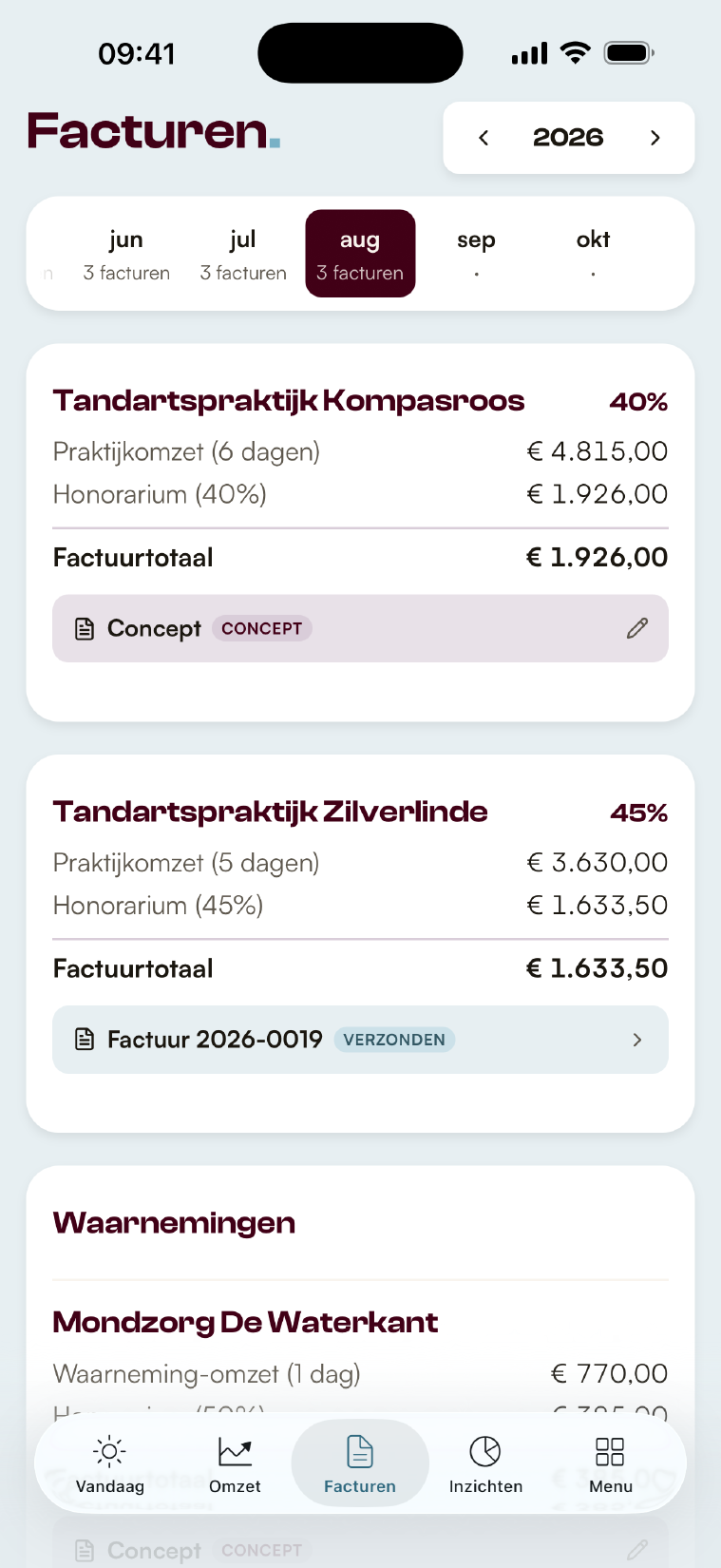 Het Facturen-scherm met een conceptfactuur en een verzonden factuur