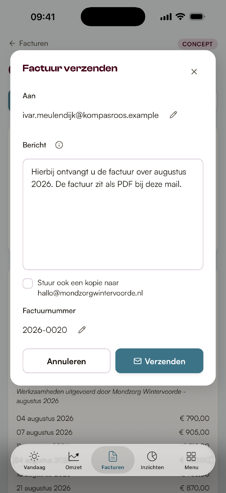 Het verzendscherm: de factuur gaat naar de contactpersoon van de praktijk