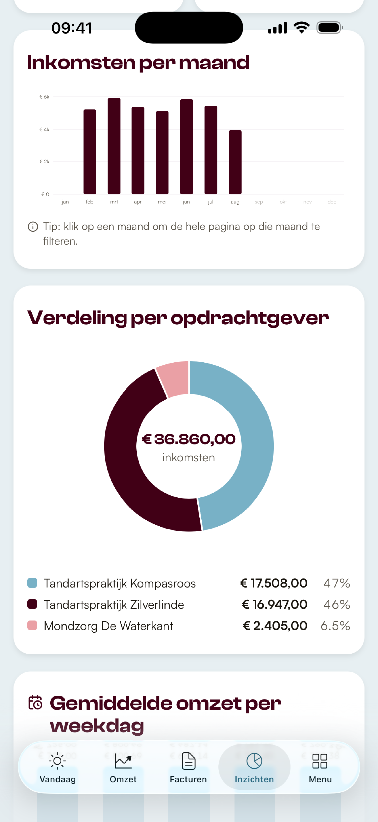 De grafiek met inkomsten per maand en de verdeling per opdrachtgever