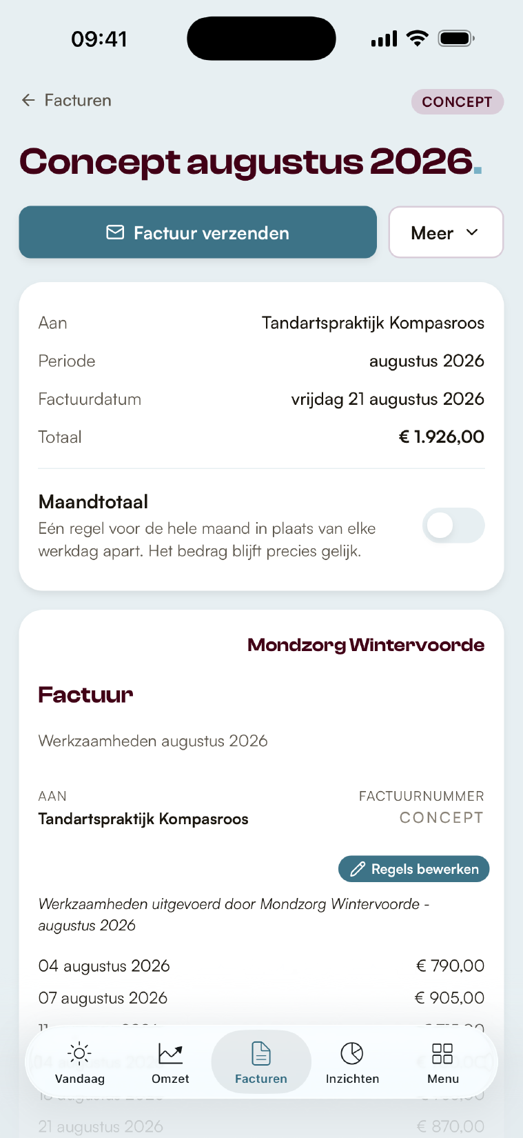 Het factuurdetail met het factuurvel als concept
