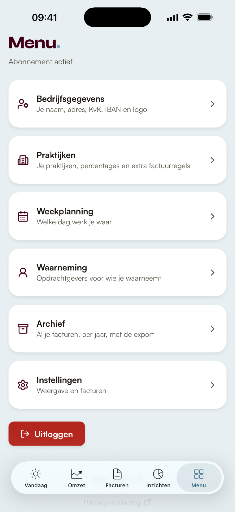 Het menu met de beheerschermen op een rij