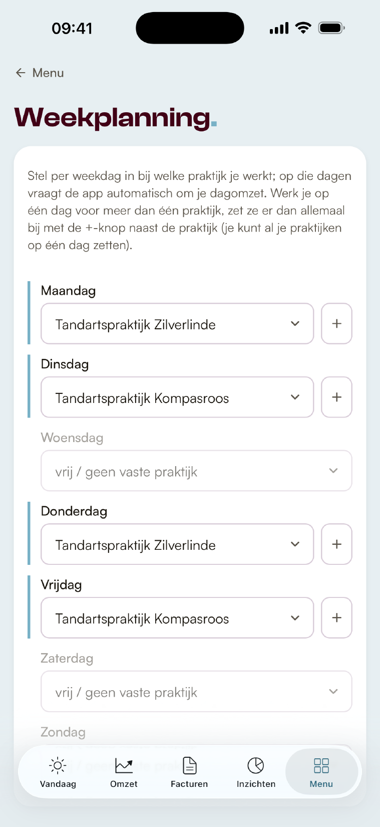 De weekplanning: per weekdag de praktijk waar je werkt